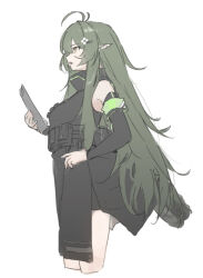 Rule 34 | 1girl, antenna hair, arknights, armband, bare shoulders, black shirt, black shorts, black sleeves, brown eyes, commentary request, crocodilian tail, cropped legs, detached sleeves, from side, gavial (arknights), green hair, hair between eyes, long hair, long sleeves, ozeu0916, pointy ears, shirt, shorts, simple background, sleeveless, sleeveless shirt, solo, tail, very long hair, white background