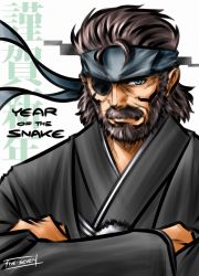 Rule 34 | 1boy, alternate costume, beard, big boss, black headband, black kimono, chinese zodiac, closed mouth, commentary request, crossed arms, eyepatch, facial hair, five-seven (0verlimits), green eyes, headband, japanese clothes, kimono, male focus, metal gear (series), metal gear solid: peace walker, mustache, name connection, scar, scar on face, short hair, signature, solo, upper body, year of the snake