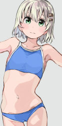 Rule 34 | 1girl, bad id, bad pixiv id, bikini, blue bikini, blush, closed mouth, commentary request, flat chest, green eyes, grey background, hair ornament, hairclip, hei (tonarinohey), light brown hair, light frown, looking at viewer, navel, outstretched arms, short hair, simple background, skindentation, solo, spread arms, swimsuit, yama no susume, yukimura aoi