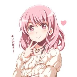 Rule 34 | 1girl, bang dream!, blush, hair down, heart, heart necklace, jewelry, long hair, long sleeves, looking at viewer, maruyama aya, necklace, pink eyes, pink hair, riai (onsen), simple background, smile, solo, sweater, translation request, upper body, v, white background, white sweater