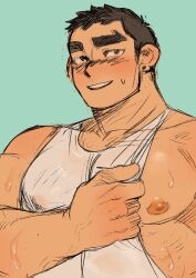 Rule 34 | 1boy, alternate skin color, bara, black hair, blush, come hither, earrings, highres, jewelry, kim liong (shan), large pectorals, long sideburns, male focus, muscular, muscular male, nipples, original, pectorals, seductive smile, see-through, shan (shanshankuo), short hair, sideburns, sidepec, smile, solo, sweat, tank top, thick eyebrows, upper body, veins, veiny arms, white tank top