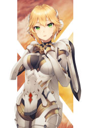 Rule 34 | 1girl, armor, banned artist, blonde hair, breasts, cyborg, fiora (xenoblade), green eyes, holding, kyoeiki, long hair, looking at viewer, mecha-fiora, medium breasts, short hair, simple background, smile, solo, sword, weapon, xenoblade chronicles 1, xenoblade chronicles (series)