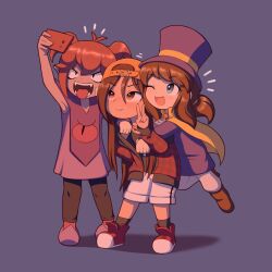 Rule 34 | 3girls, a hat in time, backwards hat, beebz (demon turf), blue eyes, brown eyes, brown hair, cape, carol (onirism), cellphone, commentary, crossover, demon turf, english commentary, fangs, hand in pocket, hat, hat kid, highres, holding, holding phone, jacket, multiple crossover, multiple girls, one eye closed, onirism, open mouth, phone, plaid, plaid jacket, ponytail, selfie, shino (shinokani), shoes, shorts, smartphone, smile, sneakers, tongue, tongue out, top hat, twintails, v, white shorts, yellow cape