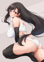 Rule 34 | 1girl, ass, black gloves, black hair, black thighhighs, blush, breasts, cowboy shot, earrings, elbow gloves, final fantasy, final fantasy vii, final fantasy vii remake, gloves, grey background, hair between eyes, highres, jewelry, kojirou!, large breasts, leg up, long hair, looking back, low-tied long hair, no shoes, panties, parted lips, red eyes, shirt, solo, square enix, thighhighs, thighs, tifa lockhart, underwear, wedgie, white panties, white shirt