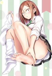 Rule 34 | 1girl, ass, ayakashi triangle, blouse, brown eyes, brown hair, cleaned, commentary, commentary request, english commentary, feet, foreshortening, green necktie, hair ornament, hairclip, highres, leg warmers, light blush, looking at viewer, medium hair, momocchi18, necktie, official art, school uniform, shirt, skirt, sleeves rolled up, socks, solo, thighs, toba yayoi, white shirt, yabuki kentarou