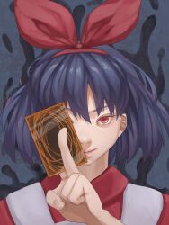 Rule 34 | 1girl, albaro, black hair, bow, bow hairband, card, character request, hairband, holding, holding card, lips, looking at viewer, omega rei, omega sisters, red bow, red eyes, red hairband, solo, upper body, virtual youtuber, yu-gi-oh!