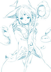 Rule 34 | 1girl, hat, magi the labyrinth of magic, monochrome, simple background, smile, solo, staff, touon, white background, witch hat, yamuraiha