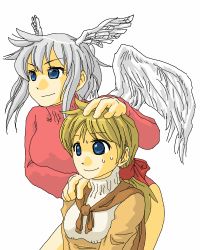 Rule 34 | 2girls, abekawa, alma beoulve, blonde hair, blue eyes, female focus, final fantasy, final fantasy tactics, hand on another&#039;s head, hand on another&#039;s shoulder, head wings, multiple girls, polo shirt, ponytail, smile, sweat, ultima (fft), wings