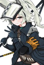 Rule 34 | 1girl, animal ears, arknights, armband, black choker, black coat, black gloves, black pants, brown shirt, choker, closed mouth, coat, cowboy shot, flat chest, gloves, grani (arknights), grey eyes, hair between eyes, highres, hip vent, holding, holding polearm, holding weapon, horse ears, infection monitor (arknights), looking at viewer, medium hair, open clothes, open coat, over shoulder, pants, polearm, ponytail, poyason, shirt, simple background, smile, solo, spear, tail, v, visor cap, weapon, weapon over shoulder, white background