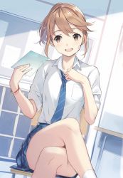 Rule 34 | 1girl, :d, aomi haru, blue necktie, blue skirt, bracelet, breast pocket, brown eyes, brown hair, chair, chitose-kun wa ramune bin no naka, classroom, collarbone, collared shirt, crossed legs, dutch angle, hair between eyes, head tilt, highres, holding, indoors, jewelry, long hair, looking away, loose necktie, miniskirt, necktie, novel illustration, official art, on chair, open mouth, plaid, plaid skirt, pleated skirt, pocket, ponytail, school chair, school uniform, second-party source, shirt, sitting, skirt, sleeves rolled up, smile, socks, solo, striped necktie, striped neckwear, sweatdrop, textless version, thighs, upskirt, weee (raemz), white shirt, white socks, wing collar