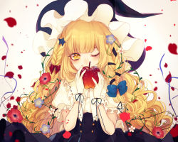 Rule 34 | 1girl, apple, bad apple!!, black skirt, blonde hair, blue bow, blue flower, blunt bangs, blurry, bow, braid, covering own mouth, daimaou ruaeru, depth of field, eyelashes, flower, food, frilled sleeves, frills, fruit, gloves, hair bow, hair flower, hair ornament, hairclip, hat, high-waist skirt, holding, holding food, holding fruit, kirisame marisa, lens flare, long hair, looking at viewer, one eye closed, petals, plant, poppy (flower), puffy short sleeves, puffy sleeves, red bow, red flower, ribbon, ribbon-trimmed clothes, ribbon trim, shirt, short sleeves, side braid, skirt, solo, sparkle, star (symbol), star hair ornament, touhou, upper body, vines, vinese, wavy hair, white flower, white gloves, white shirt, witch hat, yellow eyes