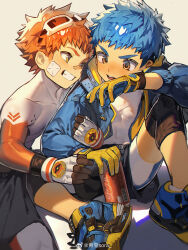 Rule 34 | 2boys, aozora sora, bandaid, bandaid on cheek, bandaid on face, bandaid on nose, bishounen, blue footwear, blue hair, blue jacket, bodysuit, coca-cola, commentary request, gloves, hand on another&#039;s arm, highres, jacket, male focus, multiple boys, original, pantyhose, red hair, shorts, teeth, white background, yaoi, yellow eyes