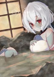 Rule 34 | 10s, 1girl, absurdres, colored skin, highres, konno junko, multicolored skin, naked towel, nanakaku, onsen, partially submerged, red eyes, silver hair, solo, stitched arm, stitched face, stitched leg, stitched torso, stitches, towel, zombie, zombie land saga