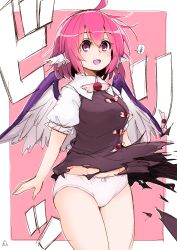 Rule 34 | 1girl, ahoge, azumaya toushirou, bad id, bad pixiv id, blush, border, breasts, commentary request, cowboy shot, dress, feathered wings, groin, hair between eyes, head wings, highres, looking at viewer, medium breasts, mystia lorelei, no headwear, open mouth, outside border, panties, pink background, pink eyes, pink hair, poop, puffy short sleeves, puffy sleeves, purple dress, shirt, short hair, short sleeves, simple background, sketch, smile, solo, speech bubble, standing, thighs, torn clothes, torn dress, touhou, translation request, underwear, white border, white panties, white shirt, wings