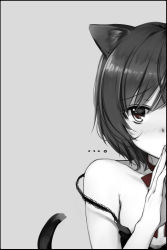 Rule 34 | ..., 1girl, absurdres, animal ears, blush, cat ears, cat tail, greyscale, highres, looking at viewer, monochrome, short hair, simple background, solo, strap slip, tail, takeuchi aya