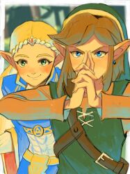 1boy 1girl blonde_hair blue_eyes blue_shirt blurry blurry_background blush border closed_mouth earrings furrowed_brow green_eyes green_hat green_tunic grey_shirt hat highres jewelry link long_hair long_sleeves nintendo own_hands_clasped own_hands_together parted_bangs pointy_ears princess_zelda rv_(gvdn7245) shirt sidelocks smile the_legend_of_zelda tunic upper_body white_border wide_sleeves