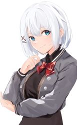 Rule 34 | 1girl, blue eyes, blush, bow, bowtie, closed mouth, hair ornament, hairclip, highres, long sleeves, looking at viewer, original, red bow, red bowtie, short hair, simple background, smile, solo, tapioka (oekakitapioka), upper body, white background, white hair, x hair ornament