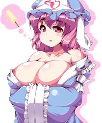 Rule 34 | 1girl, bad id, bad pixiv id, bare shoulders, blush, breasts, cleavage, female focus, food, hands in opposite sleeves, hat, huge breasts, japanese clothes, looking at viewer, moisture (chichi), open mouth, pink eyes, pink hair, popsicle, saigyouji yuyuko, short hair, smile, solo, sweat, thinking, touhou, triangular headpiece, wide sleeves
