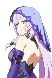Rule 34 | 1girl, ani meso, arm belt, backless dress, backless outfit, bare back, bare shoulders, black swan (honkai: star rail), commentary request, dress, elbow gloves, gloves, honkai: star rail, honkai (series), long hair, looking at viewer, pink lips, purple dress, purple hair, simple background, smile, solo, upper body, veil, very long hair, white background, yellow eyes