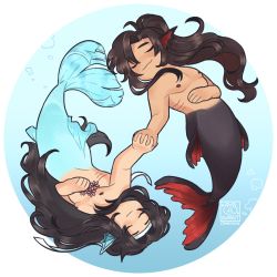 Rule 34 | 2boys, absurdres, black hair, blue background, bubble, circle, closed eyes, fins, gills, gradient background, head fins, headband, highres, holding hands, lan wangji, long hair, male focus, merman, modao zushi, monster boy, multiple boys, nipples, ponytail, rotational symmetry, signature, simple background, smile, symmetry, uwibbit, wei wuxian, white background, white headband, yaoi