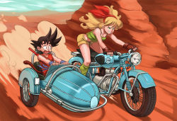 Rule 34 | 1boy, 1girl, animoose123, blonde hair, canyon, dragon ball, fingerless gloves, gloves, green eyes, grin, hairband, highres, long hair, lunch (bad) (dragon ball), lunch (dragon ball), motor vehicle, motorcycle, open mouth, rich s, short shorts, shorts, sidecar, smile, son goku, spiked hair, tail, tank top, tire, vehicle