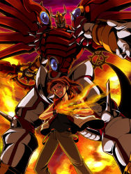 Rule 34 | armor, brown hair, claws, daimon masaru (digimon savers), digimon, digimon savers, fire, full armor, gauntlets, helmet, highres, horns, male focus, monster, ponytail, shinegreymon, smile, tail, wings