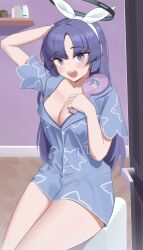 Rule 34 | 1girl, absurdres, arm behind head, blue archive, blue bra, blue shirt, blush, bra, breasts, door, hairband, halo, highres, holding, indoors, large breasts, long hair, looking at viewer, mechanical halo, open mouth, pajamas, parted bangs, purple eyes, purple hair, ryua (user kedz2257), shirt, short sleeves, sitting, solo, surprised, thighs, underwear, walk-in, white hairband, yuuka (blue archive)