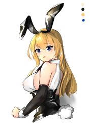 Rule 34 | 1girl, absurdres, animal ears, astoria (azur lane), astoria (black bunny carnival) (azur lane), azur lane, bare shoulders, blonde hair, blue eyes, detached sleeves, fake animal ears, fake tail, from side, highres, long hair, looking to the side, official alternate costume, rabbit ears, rabbit tail, shirt, simple background, solo, tail, upper body, white background, white shirt, ztw