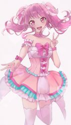 Rule 34 | 1girl, absurdres, armband, bang dream!, blush, bow, choker, collarbone, commentary, double v, dress, frilled armband, frilled dress, frills, hair bow, heart, highres, looking at viewer, maruyama aya, onmoynn, open mouth, pink bow, pink choker, pink dress, pink eyes, pink hair, pink theme, simple background, smile, solo, standing, standing on one leg, teeth, thighhighs, thighs, underbust, upper teeth only, v, white background, white thighhighs, wrist bow