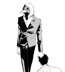 Rule 34 | 1boy, black jacket, black pants, black suit, chainsaw man, dragging, formal, grabbing another&#039;s hair, hood, hood up, hoodie, jacket, kanikuri767, long sleeves, monochrome, pants, plague doctor mask, sleeves past elbows, solo, suit, violence fiend (chainsaw man), white background