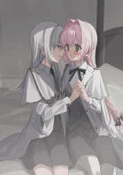 Rule 34 | 2girls, :d, bed, black bow, blue eyes, blush, bow, braid, chihuri, collared shirt, commentary request, dress shirt, ende (chihuri), feet out of frame, grey hair, grey skirt, grey vest, hair between eyes, hair bow, hair intakes, highres, holding hands, interlocked fingers, jacket, long hair, long sleeves, multiple girls, nea (chihuri), on bed, open clothes, open jacket, open mouth, original, pantyhose, pink hair, profile, puffy long sleeves, puffy sleeves, purple eyes, saliva, saliva trail, shirt, sitting, skirt, smile, sweat, very long hair, vest, white jacket, white pantyhose, white shirt, yuri