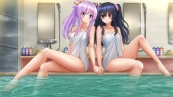 Rule 34 | 2girls, bare arms, bare legs, bare shoulders, barefoot, bath, black hair, blush, bottomless, breasts, choujigen game neptune, collarbone, commentary, commission, crossed legs, hair between eyes, high ponytail, highres, holding hands, indoors, kazenokaze, medium breasts, multiple girls, naked towel, nepgear, neptune (series), ponytail, purple eyes, purple hair, red eyes, see-through, sitting, small breasts, smile, towel, tsundere, two side up, uni (neptunia), water, yuri