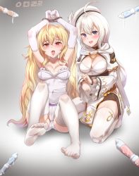 Rule 34 | 2girls, absurdres, armpits, arms up, bad id, bad pixiv id, bare shoulders, bdsm, blonde hair, blue eyes, bondage, bound, breasts, character request, copyright request, dress, feet, full body, gloves, highres, huge filesize, long hair, long sleeves, looking at viewer, multiple girls, no shoes, open mouth, panties, pharamacom, red eyes, restrained, sexually suggestive, soles, suggestive fluid, thighhighs, underwear, white gloves, white hair, white legwear, white panties