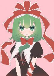 Rule 34 | 1girl, absurdres, blush, bow, brown dress, closed mouth, dress, e sdss, frilled bow, frilled dress, frilled ribbon, frills, front ponytail, green eyes, green hair, hair bow, hair ribbon, highres, kagiyama hina, long hair, pink background, puffy short sleeves, puffy sleeves, red bow, red ribbon, ribbon, short sleeves, simple background, smile, solo, touhou, v arms