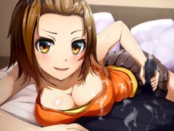 Rule 34 | 1girl, bed, blush, breast press, breasts, brown hair, censored, cleavage, cum, cum on body, cum on clothes, cum on upper body, dmm, drive on requesta, ejaculation, covered erect nipples, game cg, handjob, invisible man, large breasts, looking at viewer, lying, mosaic censoring, on stomach, open mouth, orange eyes, penis, pillow, short hair, skirt, smile, solo focus