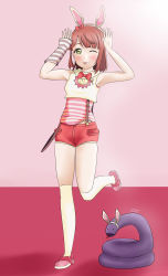 Rule 34 | 1girl, ;), ;p, absurdres, animal ears, animal print, arm warmers, artist name, artist request, bare legs, bare shoulders, blush, bow, bowtie, braid, braided bun, breasts, buttons, cowboy shot, crescent moon, crescent moon symbol, cropped vest, detached sleeves, exciting animal (love live!), fake animal ears, female focus, full body, fur-trimmed shorts, fur trim, green eyes, hair bow, hair bun, hairband, highres, hood, hooded vest, hoodie, looking at viewer, love live!, love live! nijigasaki high school idol club, love live! school idol festival, love live! school idol festival all stars, moon, one eye closed, orange hair, pants, parted lips, pink background, pink bow, pink footwear, pink shirt, pink slippers, rabbit ears, rabbit pose, rabbit print, rabbit tail, red bow, red hair, red shorts, shirt, short hair, short pants, short shorts, shorts, side bun, single detached sleeve, single side bun, sleeveless, sleeveless hoodie, slippers, small breasts, smile, solo, standing, standing on one leg, striped clothes, striped shirt, suspender shorts, suspenders, tail, tongue, tongue out, uehara ayumu, vest, white hairband, white hoodie, white legwear, white vest, wink, yellow eyes