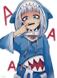 Rule 34 | 1girl, a (phrase), absurdres, animal costume, artist name, blue eyes, blue hair, blush, dethmaid, finger in own mouth, gawr gura, gawr gura (1st costume), highres, hololive, hololive english, long sleeves, looking at viewer, multicolored hair, open mouth, shaded face, shark costume, sharp teeth, short hair, solo, teeth, two-tone hair, virtual youtuber, white background, white hair