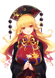 Rule 34 | 1girl, black dress, black headwear, blonde hair, breasts, dress, earrings, eyelashes, flower, highres, holding, holding flower, jewelry, junko (touhou), large breasts, lily (flower), long hair, long sleeves, looking at viewer, open mouth, raptor7, red eyes, simple background, smile, solo, tabard, tassel, touhou, upper body, wavy hair, white background, white flower, wide sleeves