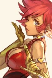 Rule 34 | 1girl, armband, bare shoulders, blue eyes, breasts, choker, cleavage, cutie honey, cutie honey (character), earrings, gloves, hungry clicker, jewelry, large breasts, one eye closed, red hair, sword, weapon