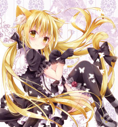 Rule 34 | 10s, 1girl, ahoge, animal, animal ears, antennae, black bow, black dress, black gloves, blonde hair, blush, bow, bridal garter, bug, butterfly, buttons, cat ears, cat tail, center frills, closed mouth, collar, dress, ear visible through hair, ears visible through hair, floating hair, flower, flying, frilled collar, frills, from side, full body, gloves, glowing, grey bow, grey footwear, hair between eyes, insect, kantai collection, kemonomimi mode, layered dress, long hair, looking at viewer, looking to the side, low twintails, nogi takayoshi, paw pose, puffy short sleeves, puffy sleeves, red flower, red rose, rose, satsuki (kancolle), shoes, short sleeves, simple background, smile, solo, tail, tail bow, tail ornament, tareme, twintails, two-tone background, very long hair, wings, yellow eyes