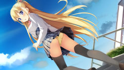 Rule 34 | 1girl, alice third macy, ass, blonde hair, blue eyes, blush, breasts, chestnut mouth, dutch angle, female focus, from below, game cg, highres, kantoku, koi suru kanojo no bukiyou na butai, long hair, long legs, looking back, open mouth, panties, pantyshot, plaid, plaid skirt, pleated skirt, school uniform, skirt, small breasts, solo, standing, thighhighs, two side up, underwear, upskirt, very long hair, yellow panties