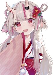 Rule 34 | 1girl, :d, blush, braid, detached sleeves, fang, flower, grey hair, hair flower, hair ornament, hair rings, highres, hololive, horns, japanese clothes, kimono, long hair, looking at viewer, luna (luna610), multicolored hair, nakiri ayame, nakiri ayame (shrine maiden), oni, open mouth, red eyes, red flower, red hair, simple background, skin-covered horns, sleeves past fingers, sleeves past wrists, smile, solo, streaked hair, teeth, twitter username, upper body, virtual youtuber, white background