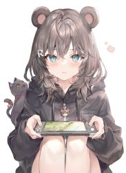 Rule 34 | 1girl, ahoge, animal, animal ears, bear ears, bear girl, black jacket, blue eyes, blush, brown hair, cat, clothes writing, commentary, fingernails, hair between eyes, hair ornament, handheld game console, highres, holding, holding handheld game console, jacket, legs, letter hair ornament, long sleeves, looking at viewer, momoko (momopoco), nintendo switch, original, short hair, simple background, sitting, slit pupils, solo, symbol-only commentary, white background