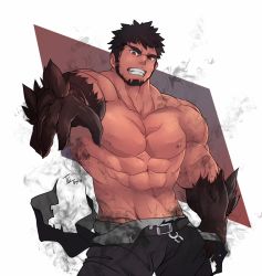 Rule 34 | 1boy, abs, avenger (dungeon and fighter), bara, beard, belt, black hair, body fur, brown belt, clenched teeth, dark-skinned male, dark skin, dungeon and fighter, facial hair, feet out of frame, frown, large pectorals, looking at viewer, magic, male focus, male priest (dungeon and fighter), mature male, muscular, muscular male, navel, nipples, pectorals, priest (dungeon and fighter), red eyes, short hair, solo, stomach, teeth, tengo (maotengo), thick eyebrows, topless male