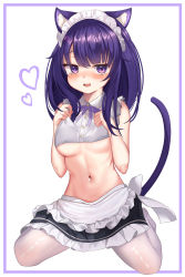 Rule 34 | 1girl, :d, absurdres, alternate costume, animal ears, apron, blunt bangs, blush, breasts, cat ears, cat girl, cat tail, commentary request, enmaided, frilled skirt, frills, genshin impact, heart, highres, kemonomimi mode, long hair, looking at viewer, low ponytail, maid, maid apron, maid headdress, medium breasts, navel, open mouth, pantyhose, paw pose, purple eyes, purple hair, raiden shogun, sidelocks, sitting, skirt, sleeveless, small breasts, smile, solo, stomach, tail, underboob, wariza, white background, white pantyhose, yuki (best010409)