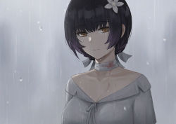 Rule 34 | 1girl, bandaged neck, bandages, bare shoulders, black hair, blood, breasts, brown eyes, closed mouth, flower, girls&#039; frontline, hair flower, hair ornament, looking at viewer, machlian (girls&#039; frontline), paradeus, rain, selcky, shirt, short hair, solo, water drop, white shirt
