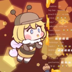 Rule 34 | 1girl, bee, bee wings, blonde hair, blue eyes, blush stickers, bug, bulga, chat log, english text, flying, hololive, hololive english, honey, honeycomb (pattern), honeycomb background, insect, livestream, mixed-language text, stinger, virtual youtuber, watson amelia, wings