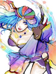 Rule 34 | 1980s (style), 1girl, bandana, blue eyes, blue hair, breasts, cleavage, female focus, final fantasy, final fantasy ii, hair over one eye, jewelry, k ta, leila, long hair, matching hair/eyes, necklace, retro artstyle, retro artstyle, shoulder pads, solo, white background
