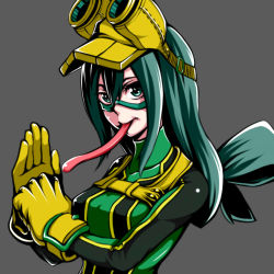 Rule 34 | 10s, 1girl, akx90000, asui tsuyu, black hair, bodysuit, boku no hero academia, breasts, gloves, goggles, jumpsuit, long hair, simple background, tongue, tongue out
