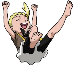 Rule 34 | 1girl, barefoot, black shorts, blonde hair, bonnie (pokemon), brown shirt, child, closed eyes, creatures (company), excited, female focus, full body, game freak, hair ornament, happy, jumping, nintendo, open mouth, pokemon, pokemon (anime), pokemon xy (anime), shirt, shorts, simple background, skirt, smile, soles, solo, toes, transparent background, white skirt, yellow bag